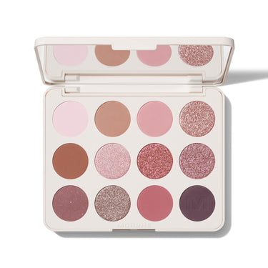 {Rose Frequency} Morphe ChromaPlus 12-Pan Eyeshadow Palette open compact showing 12 matte and shimmer pans in pink, mauve, and burgundy tones with MORPHE on the case. | ChromaPlus Double Feature | Secondary image