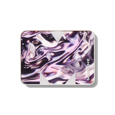 {Cyber Chrome} Closed Chromaplus 6 Pan Eyeshadow Palette with liquid chrome swirl lid in purple, pink, and black with MORPHE wordmark.