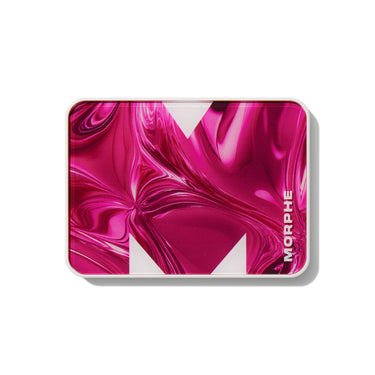 {Love Byte} Morphe ChromaPlus 6-Pan Eyeshadow Palette closed compact with hot pink liquid-chrome swirl design, bold M logo, and MORPHE text on white-trimmed lid.