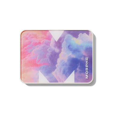 {Sky Fi} Chromaplus 6 Pan Eyeshadow Palette closed tin with pink-to-purple dreamy cloud print, white M logo, and MORPHE text.