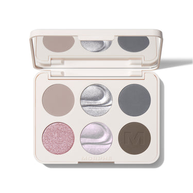 {Cyber Chrome} Morphe ChromaPlus 6-Pan Eyeshadow Palette open: cream compact labeled MORPHE with six matte and metallic shades in taupe, silver, slate, rose glitter, lilac, and smoky brown with M emboss. | Ready Set Pro Brush Set + Eyeshadow Palette | Secondary image