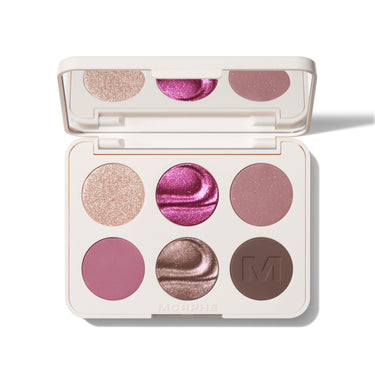 {Love Byte} Open Morphe ChromaPlus 6 Pan Eyeshadow Palette with champagne shimmer, hot pink foil, dusty rose glitter, mauve matte, bronze foil, and brown matte with engraved M; MORPHE printed on base.