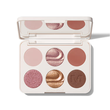 {Outer Spice} Chromaplus 6 Pan Eyeshadow Palette open in cream case showing 6 warm-toned pans — matte blush, rose shimmer, terracotta matte, pink glitter, gold shimmer, and brown shimmer with MORPHE M engraving — with mirror in lid, MORPHE on base.
