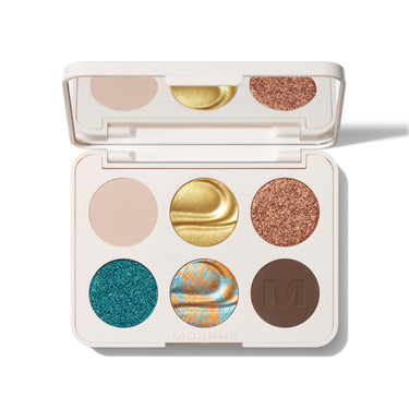 {Python Code} Morphe ChromaPlus 6-Pan Eyeshadow Palette open compact showing cream matte, gold foil, rose copper glitter, teal glitter, teal-orange duochrome, and brown matte pans with MORPHE engraved on base.