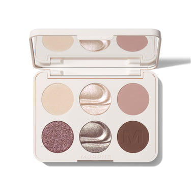 {Rich Glitch} Open Morphe Chromaplus 6 Pan Eyeshadow Palette with 6 shades: ivory matte, champagne shimmer, mauve matte, plum glitter, silver duochrome, and brown matte with M logo; "MORPHE" engraved on base.