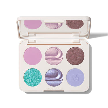 {Sky Fi} Morphe Chromaplus 6 Pan Eyeshadow Palette open in cream case with lavender matte, pink shimmer, brown glitter, teal glitter, silver shimmer, and periwinkle matte shades; MORPHE engraved on pan. | The Eye Prep & Play Bundle | Secondary image