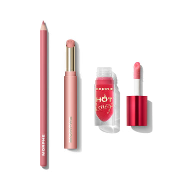 Morphe Fully Covered Lip Bundle featuring a MORPHE lip liner pencil, MORPHE lip crayon, and MORPHE HOT honeys lip gloss with applicator wand. | Fully Covered Lip Bundle