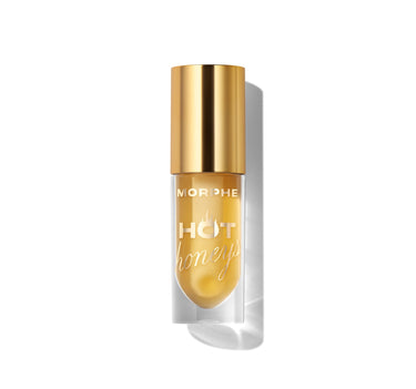 {Golden Rule} Morphe Hot Honeys Plumping Lip Oil in honey-gold with gold cap, clear bottle labeled MORPHE HOT honeys.