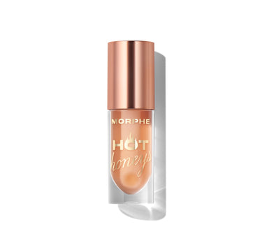 {Royal Sting} Morphe Hot Honeys Plumping Lip Oil in a warm honey shade with rose gold cap, labeled MORPHE HOT honeys.