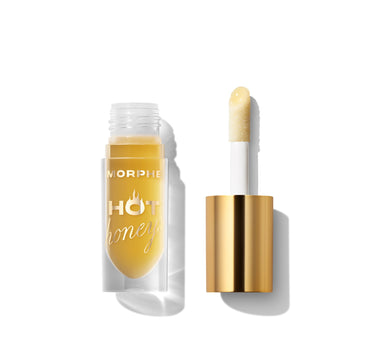 {Golden Rule} Morphe Hot Honeys Plumping Lip Oil open tube labeled MORPHE HOT honeys with golden applicator wand, golden-yellow formula.