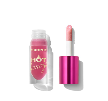 {Hive Mentality} Morphe Hot Honeys Plumping Lip Oil open with applicator wand, pink formula in clear tube labeled MORPHE HOT honeys, magenta cap.