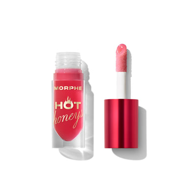 {Queen Bee} Morphe Hot Honeys Plumping Lip Oil open bottle labeled MORPHE HOT honeys with pink sparkly plumping applicator wand and red cap.