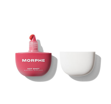 {Fireball} Morphe Hot Shot Blush Drops / Blush Liquide open with red dropper applicator and white cap beside pink-red bottle reading "MORPHE HOT SHOT BLUSH DROPS / BLUSH LIQUIDE."