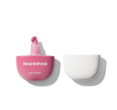{Flex Symbol} Morphe Hot Shot Blush Drops open bottle with dropper applicator alongside cap, labeled "MORPHE HOT SHOT BLUSH DROPS / BLUSH LIQUIDE."