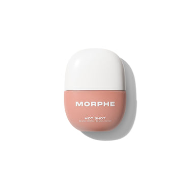 {Natural Heat} Morphe Hot Shot Blush Drops in a peachy-coral bottle with white cap, labeled MORPHE / HOT SHOT / BLUSH DROPS / BLUSH LIQUIDE.