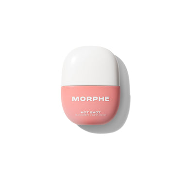 {Power Drip} Morphe Hot Shot Blush Drops / Blush Liquide closed bottle in coral pink with white domed cap, labeled MORPHE HOT SHOT BLUSH DROPS / BLUSH LIQUIDE.