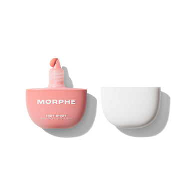 {Power Drip} Morphe Hot Shot Blush Drops / Blush Liquide open coral bottle with dropper tip beside white cap on white background. | Hot Shot Blush Drops
