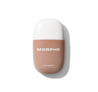 {Bronze Bombshell} Morphe Hot Shot Sun Drops / Bronzer Liquide in a tan rounded bottle with white cap, closed front view.