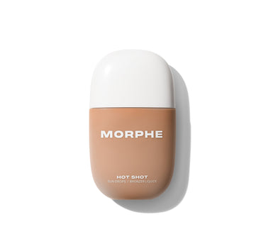 {Money Honey} Morphe Hot Shot Sun Drops closed bottle in warm tan with white cap, labeled MORPHE / HOT SHOT / SUN DROPS / BRONZER LIQUIDE.