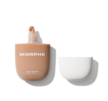 {Money Honey} Morphe Hot Shot Sun Drops / Bronzer Liquide open bottle in tan shade with dropper extended, white cap beside it. | Hot Shot Sun Drops