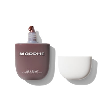 {Rich Beach} Morphe Hot Shot Sun Drops / Bronzer Liquide open with dropper showing warm bronze shimmer and cap beside it.