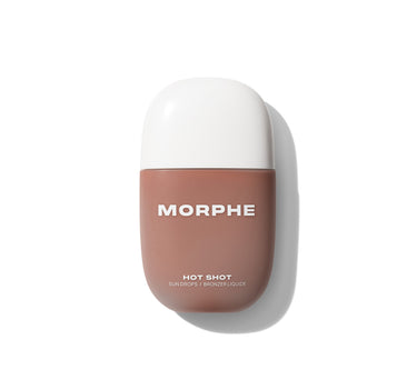 {Stuntan} Morphe Hot Shot Sun Drops / Bronzer Liquide closed bottle in warm taupe with white cap on white background.
