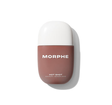 {Sun Siren} Morphe Hot Shot Sun Drops closed bottle in mauve labeled MORPHE / HOT SHOT / SUN DROPS / BRONZER LIQUIDE with white cap.