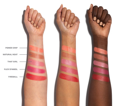 {Power Drip} Swatches of Hot Shot Blush Drops in Power Drip, Natural Heat, That Girl, Flex Symbol, Fireball across three skin tones.