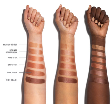 {Money Honey} Hot Shot Sun Drops arm swatches in MONEY HONEY, BRONZE BOMBSHELL, FIRE SIGN, STUN TAN, SUN SIREN, and RICH BEACH across three skin tones.