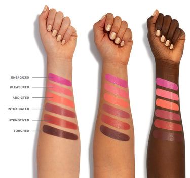 {Hypnotized (rose terracotta)} Huephoric Rush 3-In-1 Silk Blush arm swatches across three skin tones showing shades ENERGIZED, PLEASURED, ADDICTED, INTOXICATED, HYPNOTIZED, and TOUCHED.