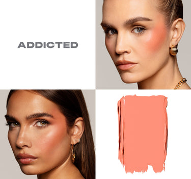 {Addicted (apricot)} ADDICTED shade of Huephoric Rush 3-In-1 Silk Blush shown on two models with a coral-apricot product swatch.
