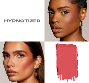 {Hypnotized (rose terracotta)} Huephoric Rush 3 In 1 Silk Blush in HYPNOTIZED shown on two models with a coral-pink cream swatch.