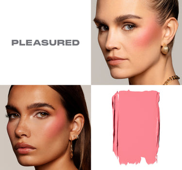 {Pleasured (warm pink)} "PLEASURED" — two models wearing Huephoric Rush 3 In 1 Silk Blush in Pleasured, a warm rosy pink, with a cream texture swatch.