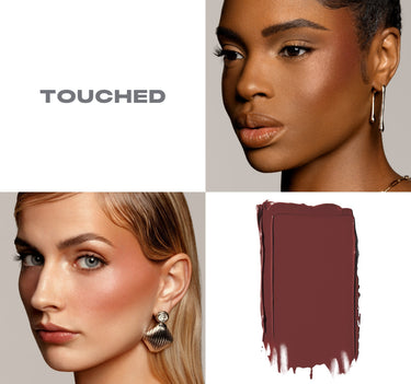 {Touched (mahogany)} Huephoric Rush 3 In 1 Silk Blush in shade TOUCHED shown on two models with a deep burgundy-mahogany cream swatch.