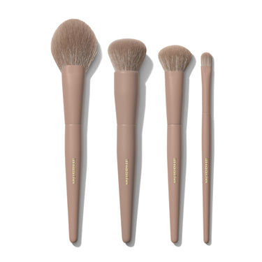 Morphe Iced Mocha 4-Piece Face Brush Set flat lay showing four brushes in graduated sizes with mocha taupe handles and gold foil lettering | Iced Mocha 4-Piece Face Brush Set