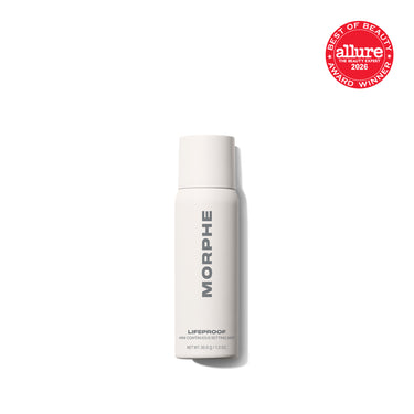 {Mini - 1.3 Oz} Morphe Lifeproof 16 Hr Wear Continuous Setting Mist mini spray can labeled MORPHE LIFEPROOF MINI CONTINUOUS SETTING MIST NET WT. 36.8 g / 1.3 OZ. | Lifeproof 16-Hour Continuous Setting Mist | Secondary image