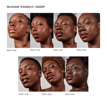 {Deep 31W} Lightform Extended Hydration Foundation shade family: SHADE FAMILY: DEEP — seven deep shades DEEP 30W, 31W, 32N, 33W, 34W, 35W, 36N shown on skin models.