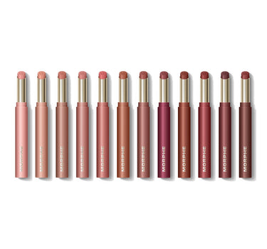 Morphe Lip Filter HydroPlump Soft Matte Lipstick Bundle featuring 12 MORPHE-branded lipstick shades ranging from soft pink to deep berry and brown. | Lip Filter HydroPlump Soft Matte Lipstick Bundle