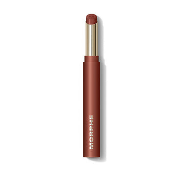 {Suede} Morphe Lip Filter Hydroplump Soft Matte Lipstick in Suede, open bullet showing warm terracotta-brown shade, MORPHE printed on tube.