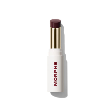 {Berry Bolted} Morphe Liplock Glossy Lipstick in a deep berry shade, open tube with gold collar and white MORPHE case. | Liplock Glossy Lipstick