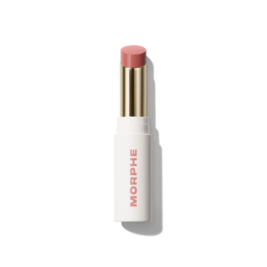 {Caught Rose} Morphe Liplock Glossy Lipstick in a soft mauve-rose bullet with gold sleeve and white MORPHE tube, open silo view.