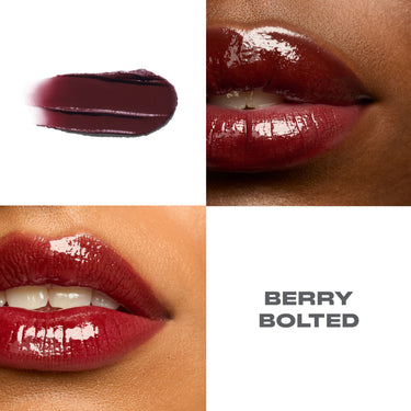 {Berry Bolted} Liplock Glossy Lipstick macro collage showing deep berry-red shade swatch and two model lip close-ups with high-gloss finish, labeled BERRY BOLTED.
