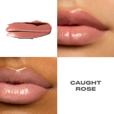 {Caught Rose} Liplock Glossy Lipstick macro collage showing a mauve-pink formula swatch and two close-up lip shots labeled CAUGHT ROSE.
