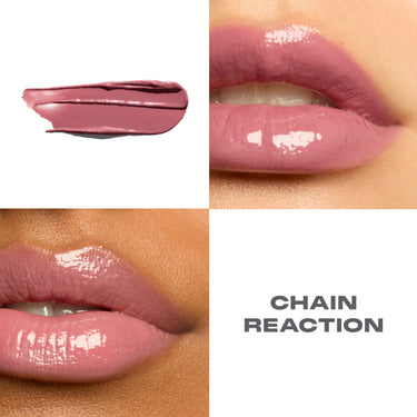 {Chain Reaction} Liplock Glossy Lipstick macro collage showing a mauve-pink swatch and two lip close-ups, labeled CHAIN REACTION.