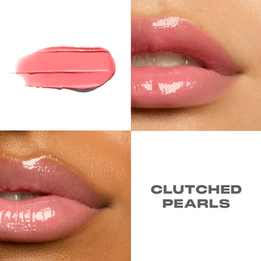 {Clutched Pearls} Liplock Glossy Lipstick macro quad showing a pink swatch and two close-up lip shots with the shade name CLUTCHED PEARLS.