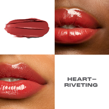{Heart-Riveting} Liplock Glossy Lipstick macro shade collage showing a deep red cream swatch and two model lip close-ups labeled HEART– RIVETING.