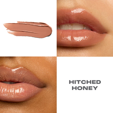 {Hitched Honey} Liplock Glossy Lipstick macro collage showing a nude-peach formula swatch and two close-up lip shots labeled HITCHED HONEY.