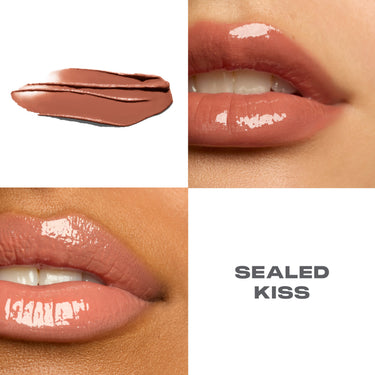 {Sealed Kiss} Liplock Glossy Lipstick macro collage showing nude-mauve swatch and two on-lip close-ups labeled SEALED KISS.