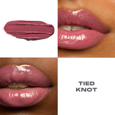 {Tied Knot} Liplock Glossy Lipstick macro collage showing a mauve-pink formula swatch and two close-up lip shots labeled TIED KNOT.