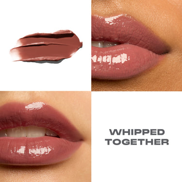 {Whipped Together} Liplock Glossy Lipstick macro collage showing a mauve-nude formula swatch and two close-up lip shots with text "WHIPPED TOGETHER."